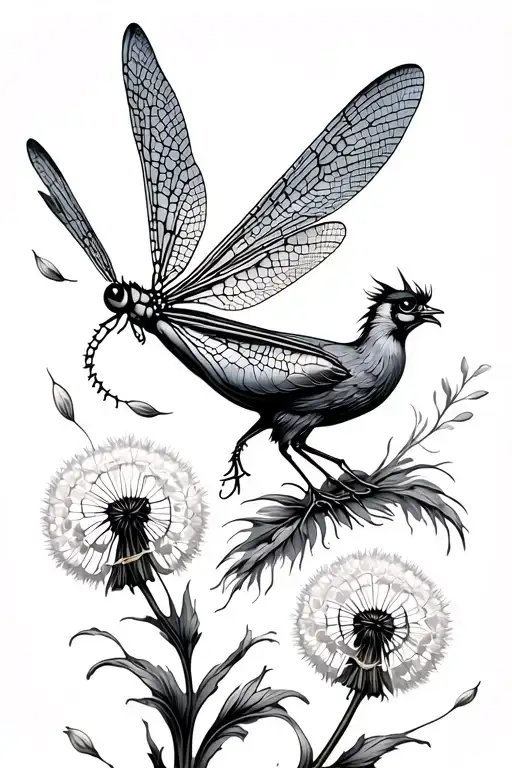 Dragonfly Flying Around A Pheonix With Dandelion Seeds