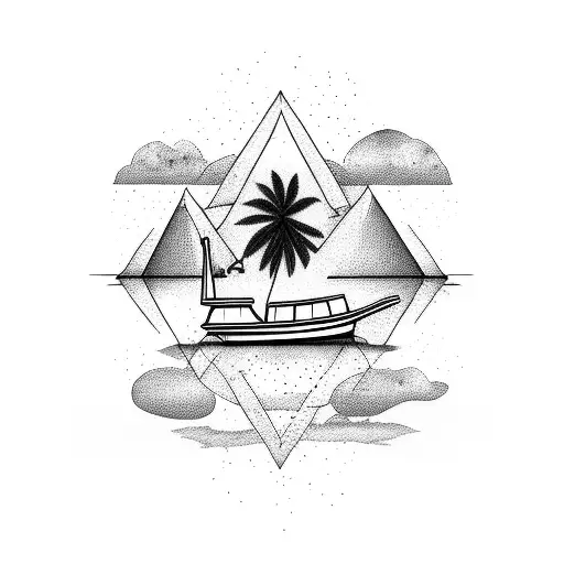 Palm Tree Sky Water Boat In An Triangle