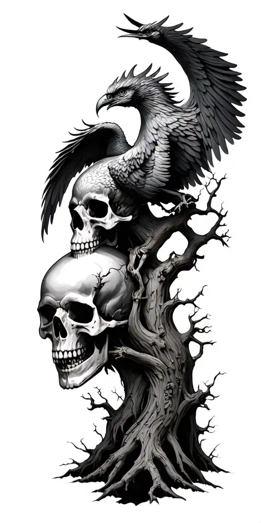 Skull Tree Intertwined With Phoenix Emerging
