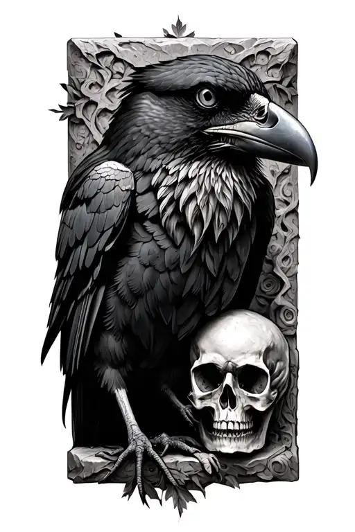 Raven With Memento Mori Carved In Stone