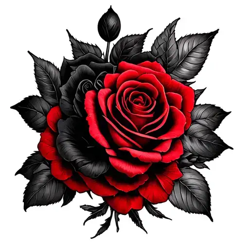 A Sleeve Tattoo With Black And Red Roses Intertwined