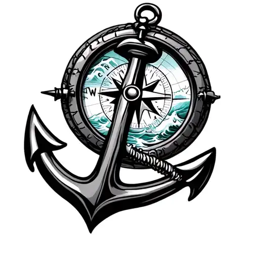 Nautical Chart With Navy Chief Anchor With With Waves And A Compass