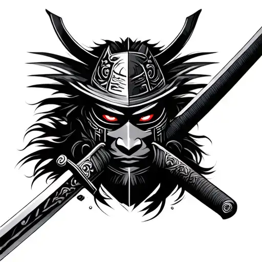 Samurai Face With Half Mask Holding Samurai Sword