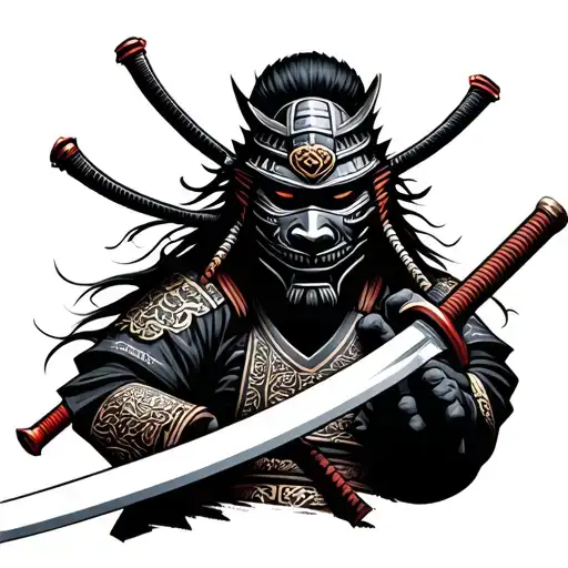 Samurai Face Mask Holding Samurai Sword
