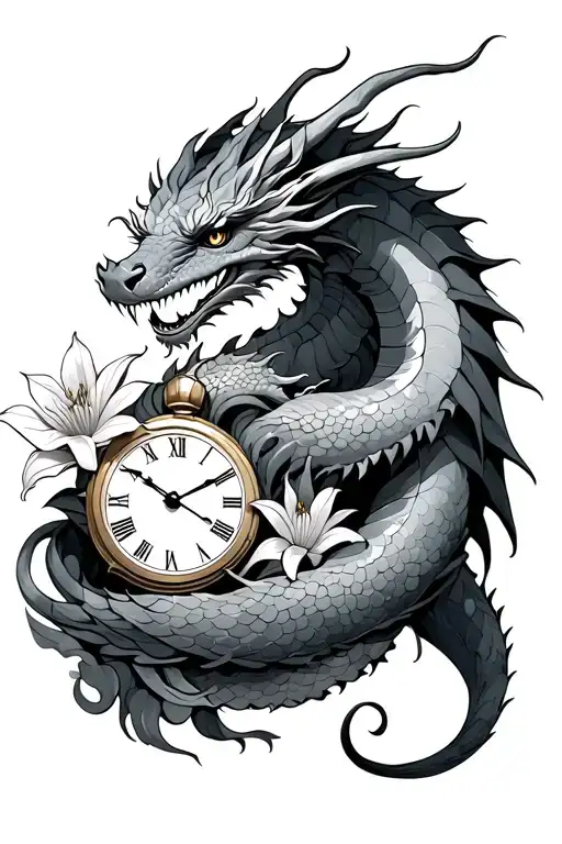Dragon Wrapped With Clock And Lilys