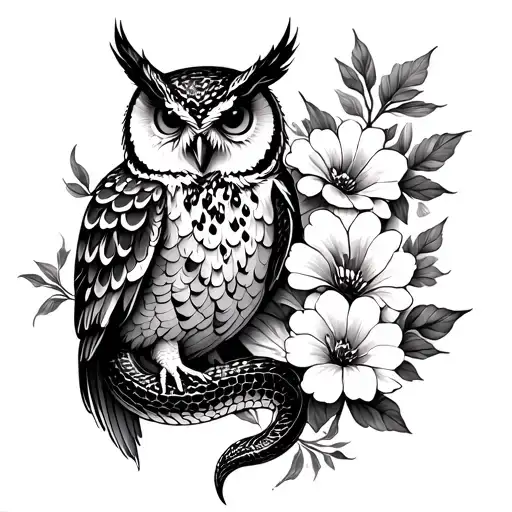 Snake Wraps Around Owl And Simple Flowers Around