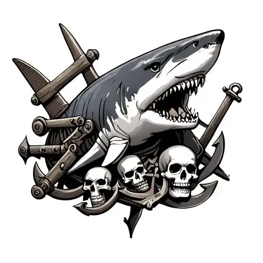 Naval Leg Tattoo With A Great White Shark Naval Cannons Skulls And Anchors