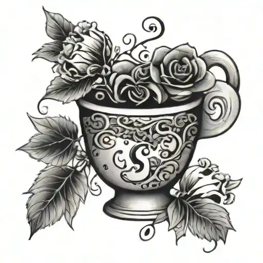 A Tattoo Design Of A Coffee Cup With Musical Notes Intertwined With Vines And Flowers