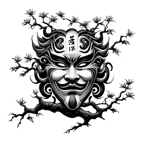 Bonsai Tree Branch And Hanja Mask