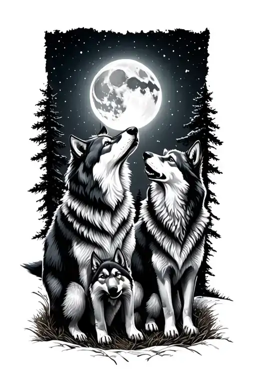 Family Wolves Howling At The Moon