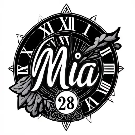 Roman Numerals With Two Separate Dates Incorporated With The Name Mia And Happiness In Latin