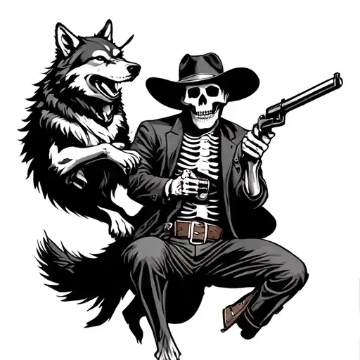 Skeleton Cowboy Shooting A Wolf Jumping At Him With A Revolver