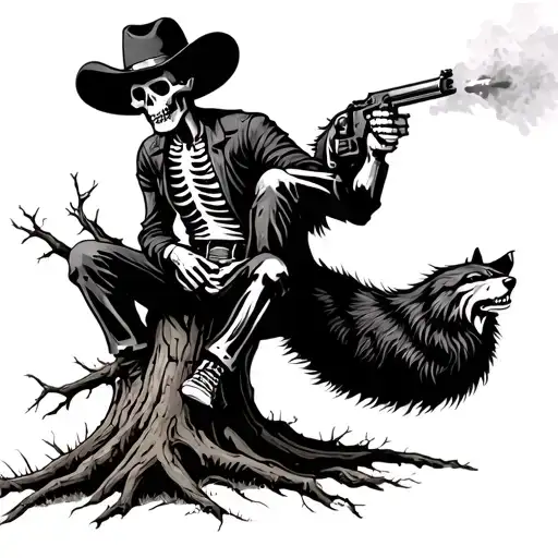 Skeleton Cowboy Sitting Aginst A Tree Shooting A Wolf Jumping At Him With A Revolver