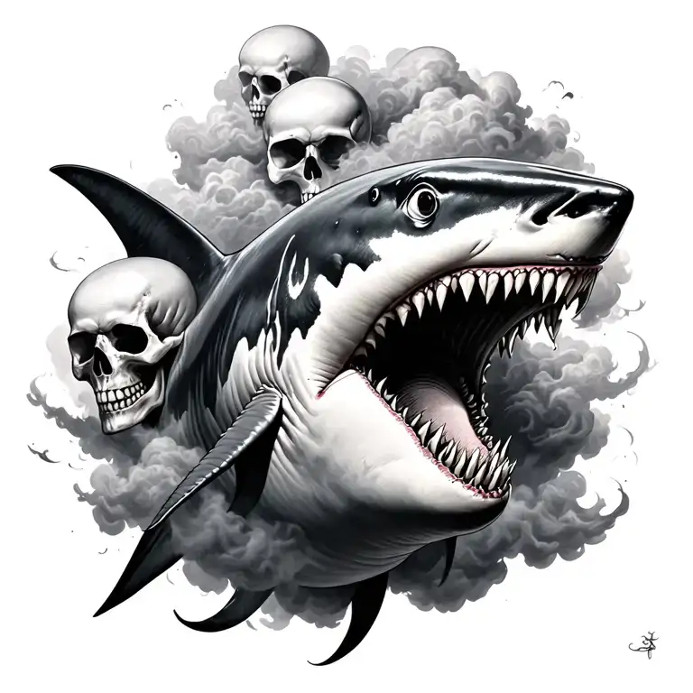 Shark In Smoky Type Clouds With Skulls Emerging From The Clouds