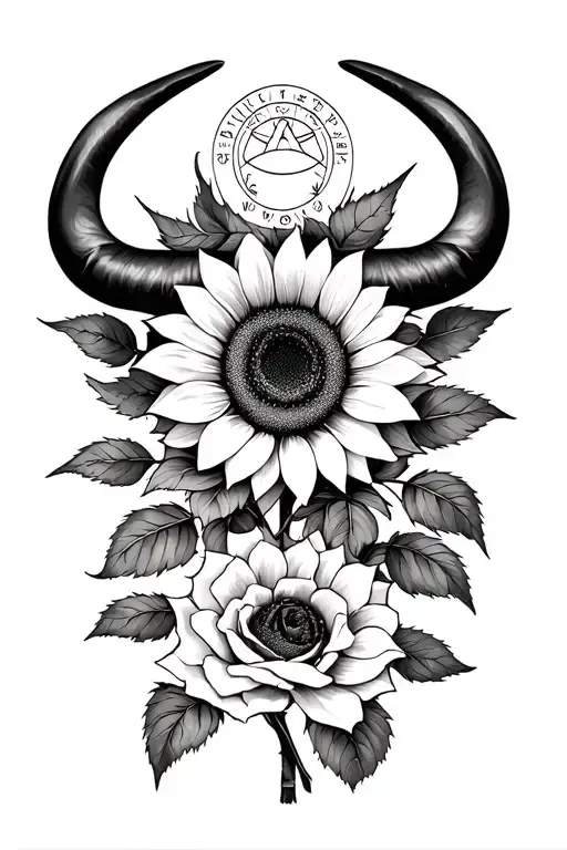Rose And Sunflower With Astrological Taurus Zodiac Sign