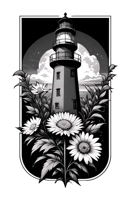 Lighthouse And Aster Flower With Stem