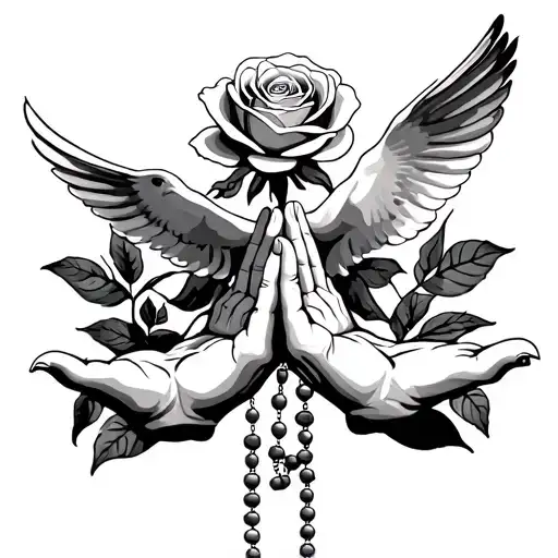 Two Hands Praying With A Rosary On The Hands Above Both Hands And A Dove Up The Rose
