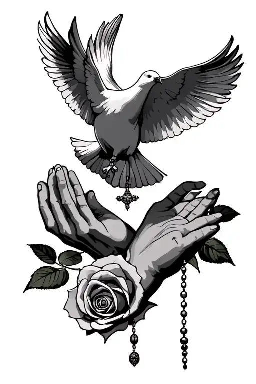 Two Hands Praying With A Rosary On The Hands Above Both Hands And A Dove Up The Rose