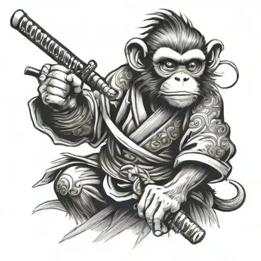 Japanese Monkey Samurai Holding Katana