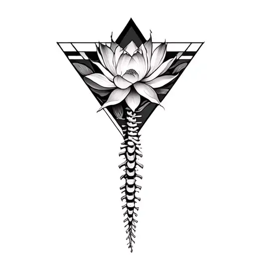 Spine Tattoo With Lotus Flower Inside A Triangle And Geometric Elements