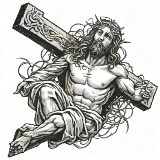 Jesus Clinging To Bottom Of Cross With Thorns