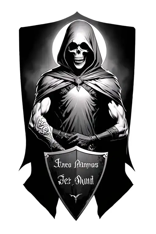 Reaper With Shield In One Arm Being Protective Of Three Names