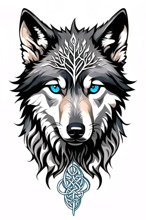 Wolf With Blue Eyes Featuring Celtic Tree Of Life