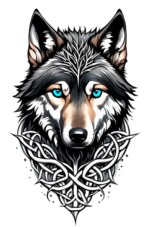 Wolf With Blue Eyes Featuring Celtic Tree Of Life Intertwined