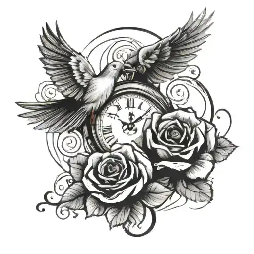 Black And Grey With Red Rose And A Dove And Watch Surrounded
