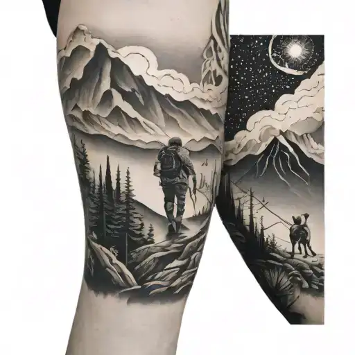 Full Arm Sleeve Dog And Man Walking In Mountains City Background Outerspace