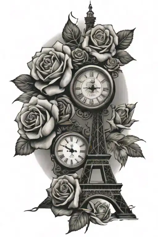 Eiffel Tower With Roses And A Clock