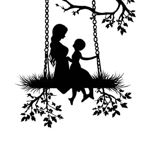Silhouette Of Mother And Child On Tree Swing
