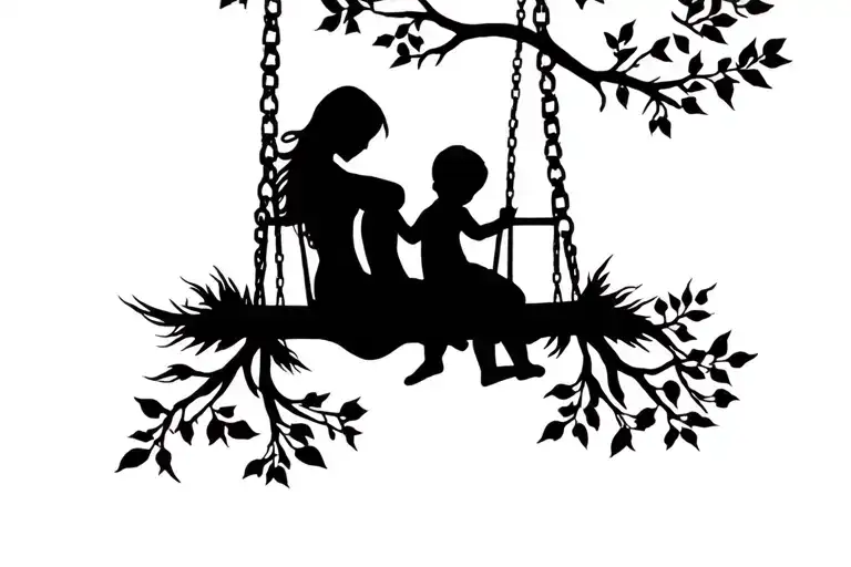 Silhouette Of Mother And Son On Tree Swing