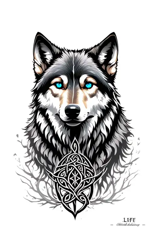 Wolf With Blue Eyes Featuring Celtic Tree Of Life Intertwined