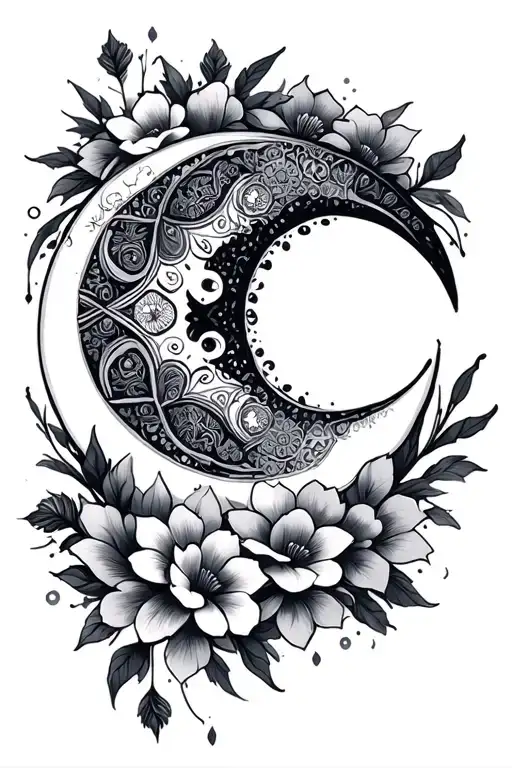 Mandala Moon And Flowers Intertwined