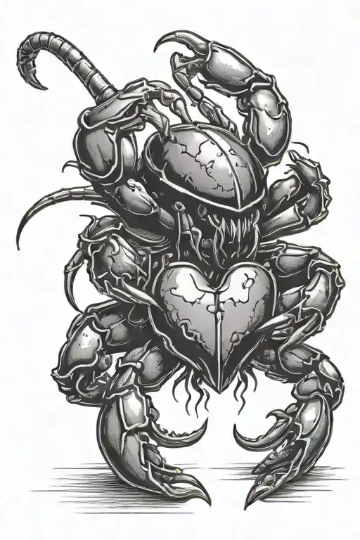 Black Scorpion Fighting A Black Crab With Claws Holding A Knife Plunged Into A Heart