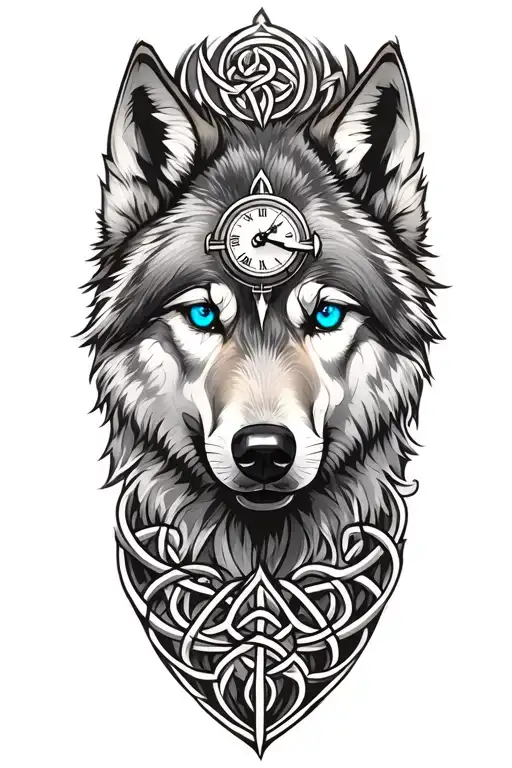 Wolf With Blue Eyes Featuring Celtic Trinity Clock On Top