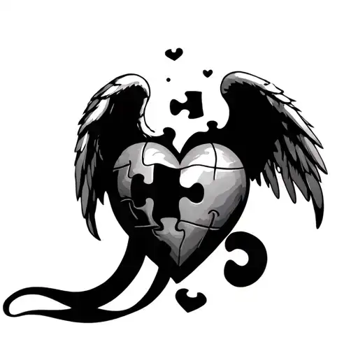 Puzzle Piece Heart With One Piece Fallen Out Held By Angel Wings