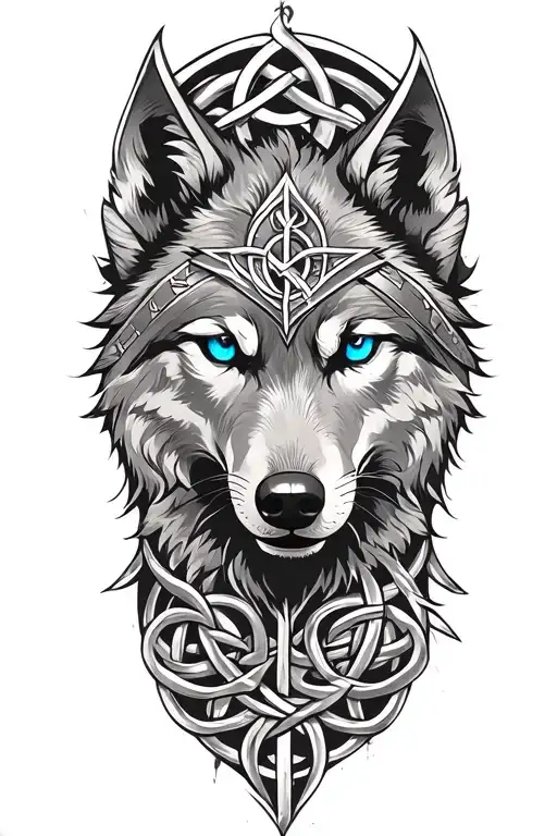Wolf With Blue Eyes On Armor Tattoo Design Featuring Celtic Trinity Knot Clock