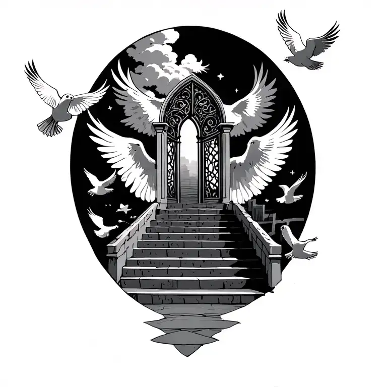 Stairway To Heaven Gates With Doves Flying