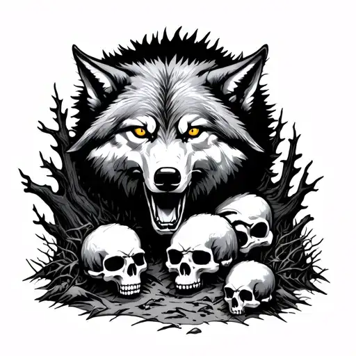Wolf Eating Sheep Head In Woods With Skulls On The Ground And Creepy Eyes In The Dark Woods
