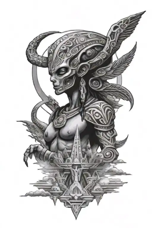 Alien And Aztec God In Sky Watching Over An Alien Invasion Near A Actec Temple