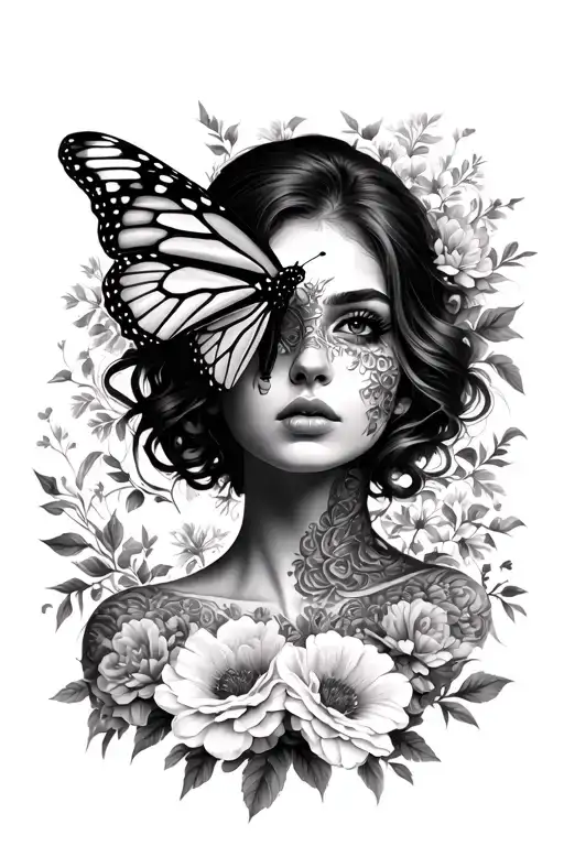 Beautiful Woman Covered In Florals With A Monarch Butterfly Covering Her Face