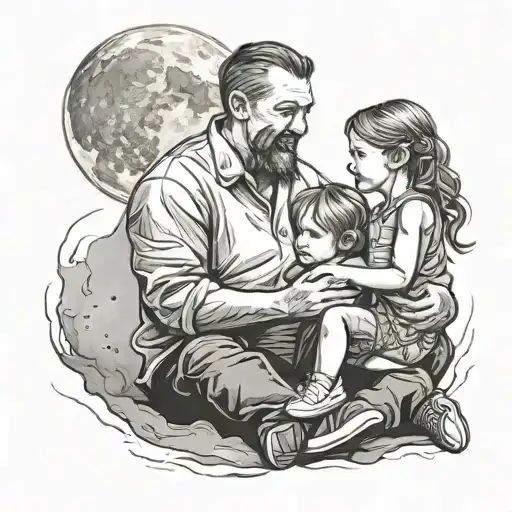 Dad And Little Girl Sitting With Him In Front Of Moon