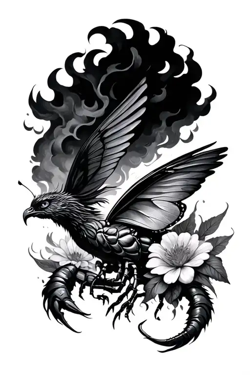 Scorpio Phoenix Flowers Clouds Butterfly Emerging Rising From Ashes