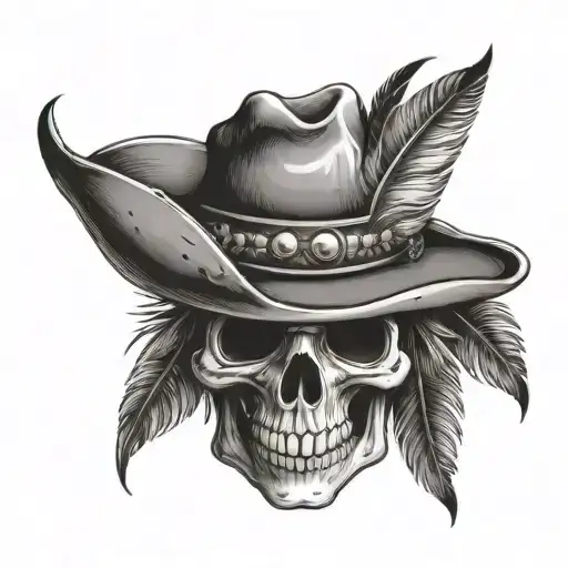 Smiling Skull With A Cowboy Hat And An Indian Feather Earring
