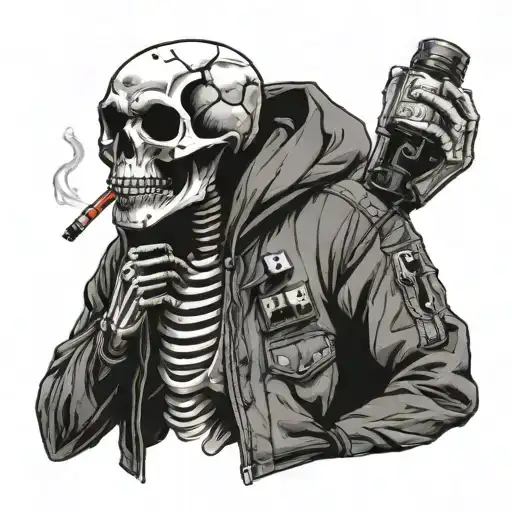 Star Wars Inspired Skeleton Wearing A Bomber Jacket And Smoking A Cigarette
