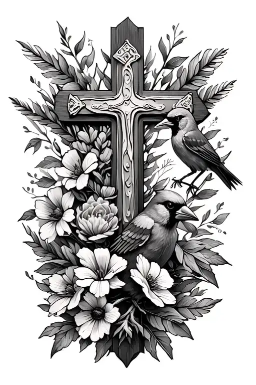 Spine Tattoo With A Cross And Wild Flowers And A Cardinal Sitting In The Right Part Of The Cross