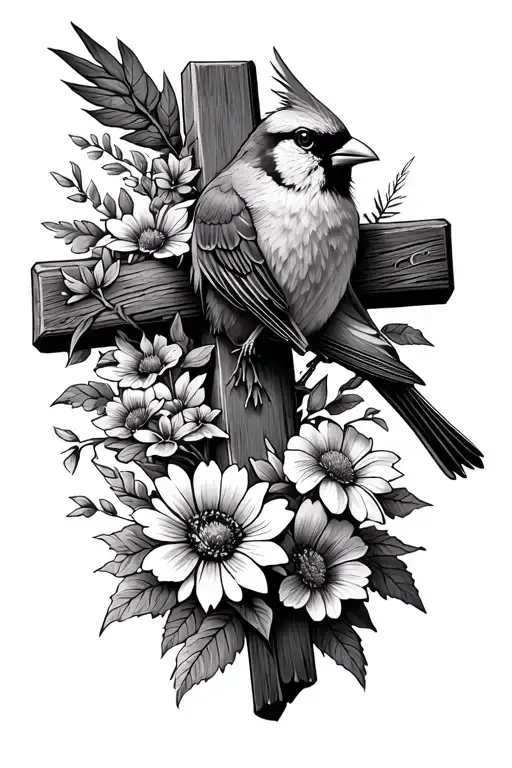A Cross And Wild Flowers And A Cardinal Sitting In The Right Part Of The Cross Not A Lot Of Design