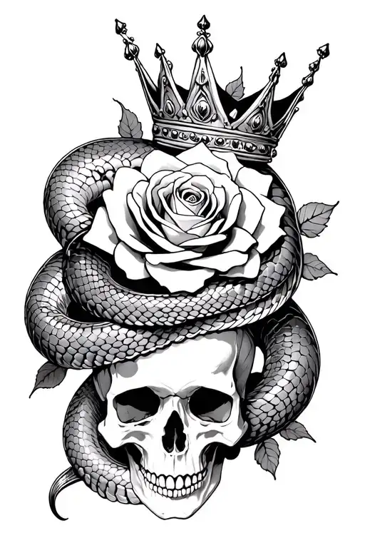 Snake And Rose Wrapped Around A Skull Wearing A Crown